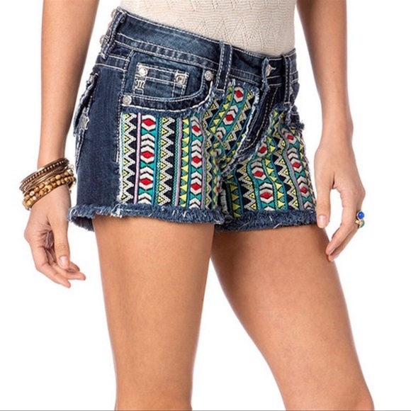 Miss Me Denim Colorful Geometric South western Style Denim Jean Mini Shorts - Picture 2 of 10